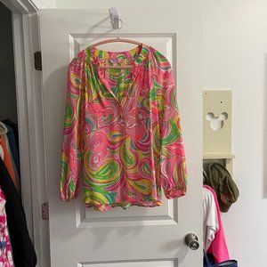 Women’s Lilly Pulitzer Multi All Nighter Elsa Blouse Top Silk Flamingo P…